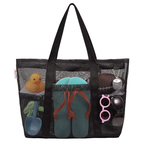 Tagitary Mesh Beach Bag with Zipper Large Beach Tote Waterproof Sandproof with 8 Pockets for Toys Pool Bag Beach Accessories