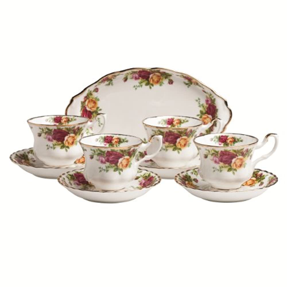 Royal Doulton Old Country Roses 9-Piece Tea Set & Tray, Mostly White with Multicolored Floral Print