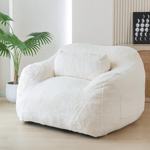MAXYOYO Giant Bean Bag Chair with Pillow, Boucle Bean Bag Sofa for Adults,Large Upholstered Bean Bag Couch Lazy Sofa with Filler for Reading, Gaming, Black