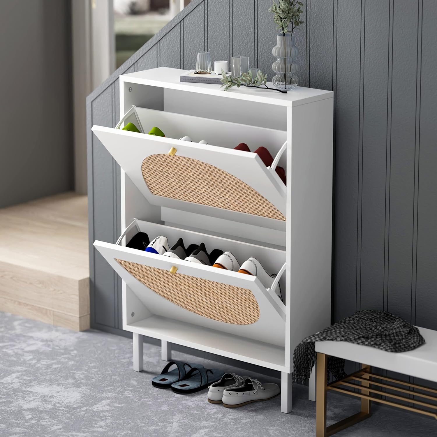 Rattan 2-Drawer Shoe Cabinet Modern Freestanding Shoe Rack Organizer Wooden Entryway Narrow Shoe Storage Cabinet w/Natural Rattan Flip Doors for Closet Hallway Small Space(1 Pack-White)