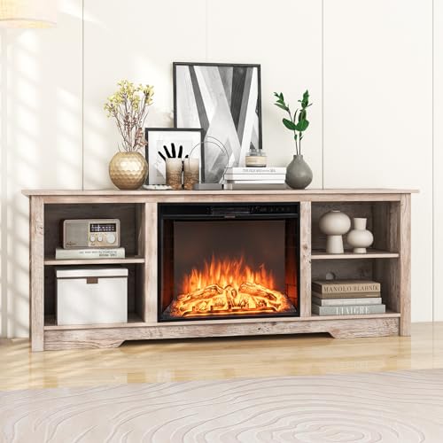 COSTWAY Electric Fireplace TV Stand for TVs up to 75 Inches, 1500W Heater Insert with Remote Control, 3 Flame Colors, 70-inch Wooden Entertainment Center with Adjustable Shelves, Black