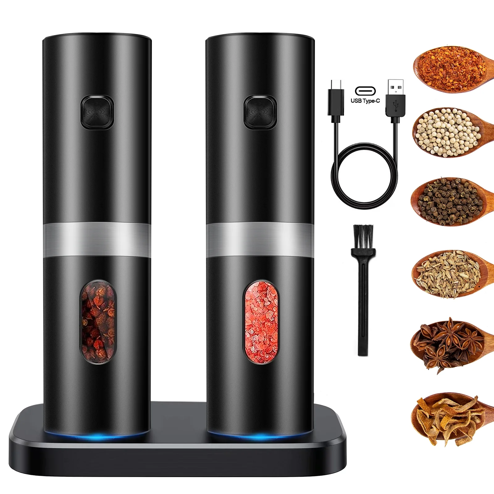 Rechargeable Electric Salt and Pepper Grinder Duo by JahyShow - Set of 2 with Adjustable Coarseness
