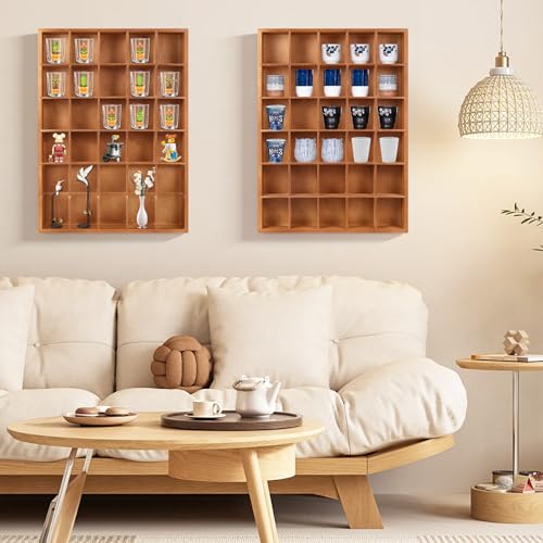 Shot Glass Display Case for Wall, Wood Holds Set of 30 Glasses Shot Glass Holder Display Shelf, 17'' x 12''-3'' x 2'' (Black, 2PCS)