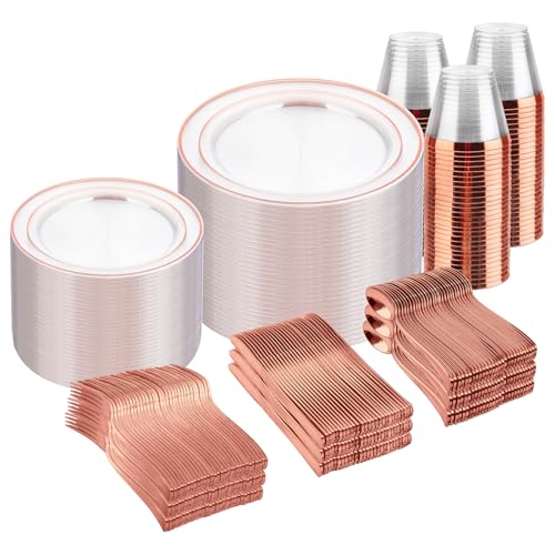 bUCLA 300PCS Gold Disposable Dinnerware Set - White and Gold Plastic Plates - Include 50 Each (Dinner&Dessert) Plates,50 Knives,50 Forks,50 Spoons,50 Cups for Party & Thanksgiving Table Decor