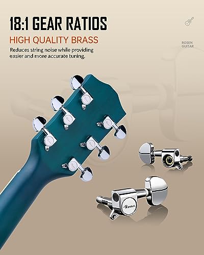 Rosen Solid Top Dreadnought Acoustic Guitar 41 Inches Spruce Guitar Beginner Bundle with Book, Padded Bag, Strings, Picks, Hexwrench, Strap, Polishing Cloth, Blue