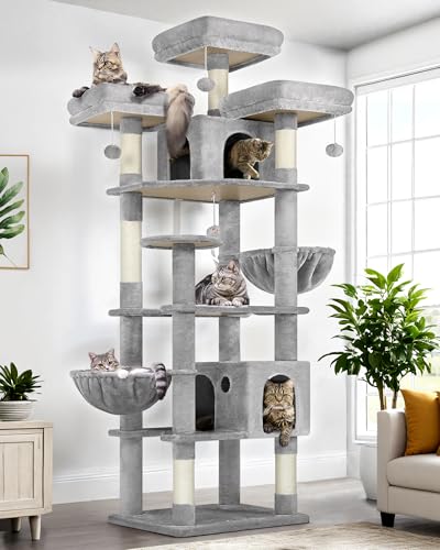 Globlazer Cat Trees and Towers for Multiple Adult Cats, 82-inch XXL Tall Cat Tree Tower for Indoor Cats with Scratching Post, 3 Perches, 2 Condos, 2 Hanging Baskets, F82, Light Grey