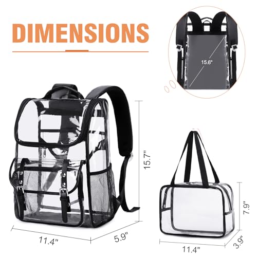 Clear Backpack with Clear Bag Set, Leather Clear Backpack Heavy Duty Thick PVC Clear Bookbag Large See Through Transparent Backpack with Support Pad for Women Men Girl Boy College Work Black