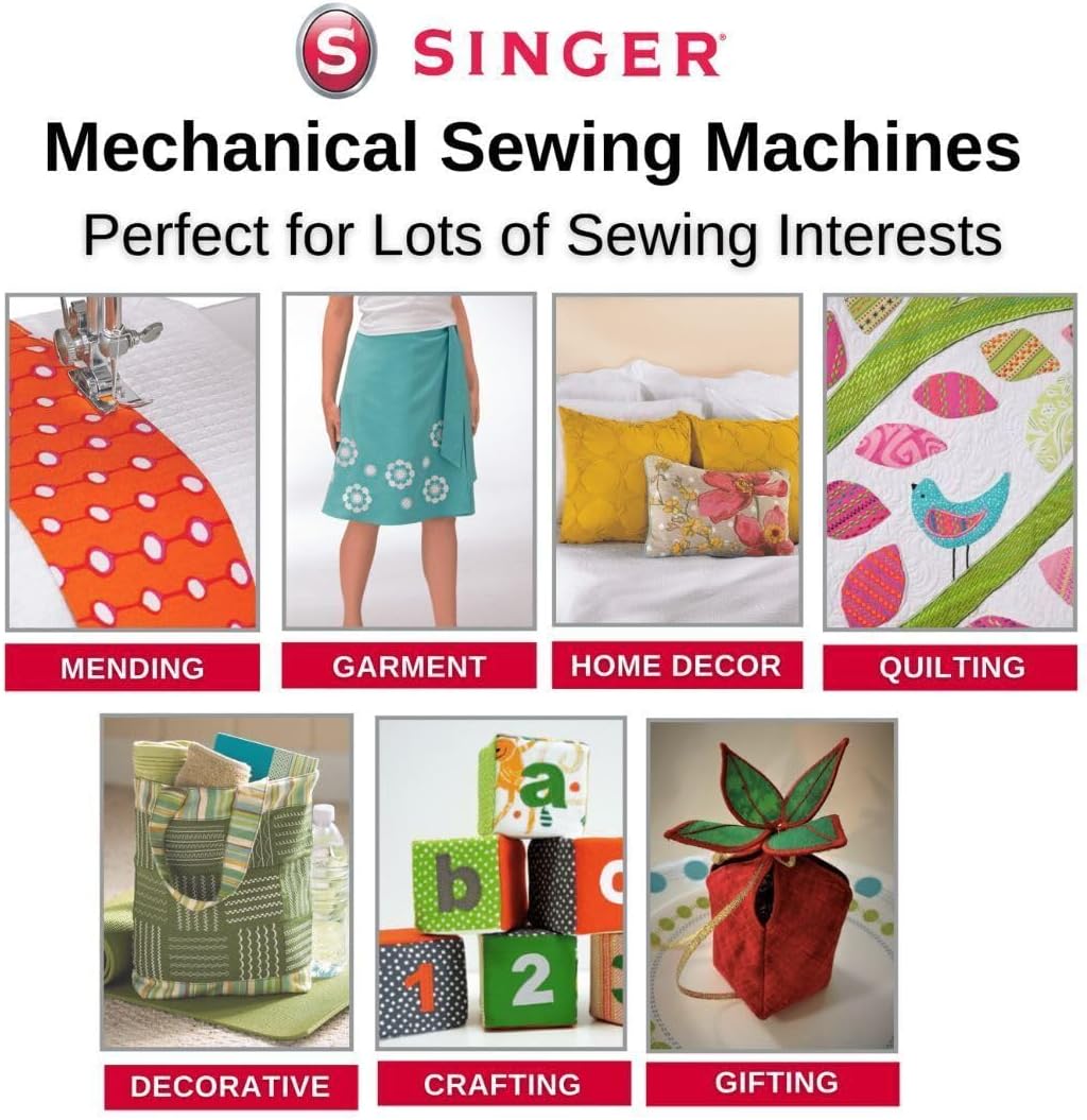 Singer M1250 Mechanical Sewing Machine with 45 Stitch Applications, and Top Drop-In Bobbin (White)