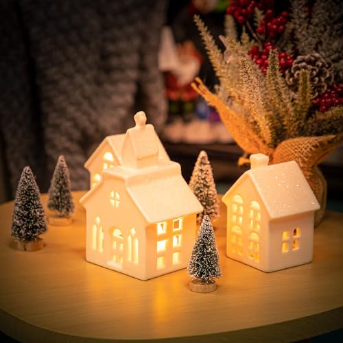 ZTL 7PCS Christmas Village Sets - 3 LED Lighted Ceramic White Christmas Village Houses with Remote & 4 Trees, Porcelain Miniature Christmas Figurines Decorations for Home Tabletop Mantel Shelf Decor