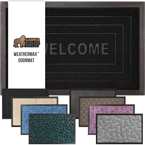 GORILLA GRIP 100% Waterproof All-Season WeatherMax Doormat US Designed Natural Rubber, Stain and Fade Resistant, Low Profile Indoor Outdoor Door Mats, Easy Clean Patio Mat, 17x29, Gray Diamond