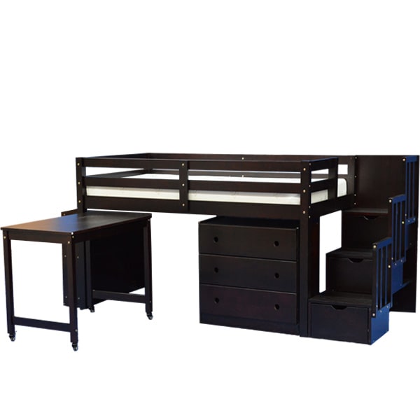 Junior Stairway Mid Loft Bed with Desk, Chest and Bookcase Espresso