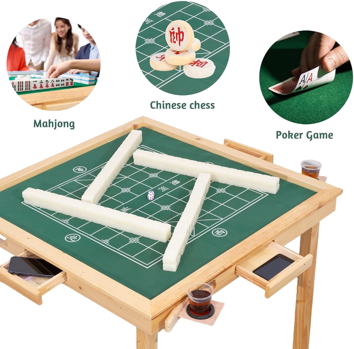 Multifunction Mahjong Table, Folding Card Table with Plush Top, Party Gathering Game Table with 4 Cup Holders & 4 Drawer, 35