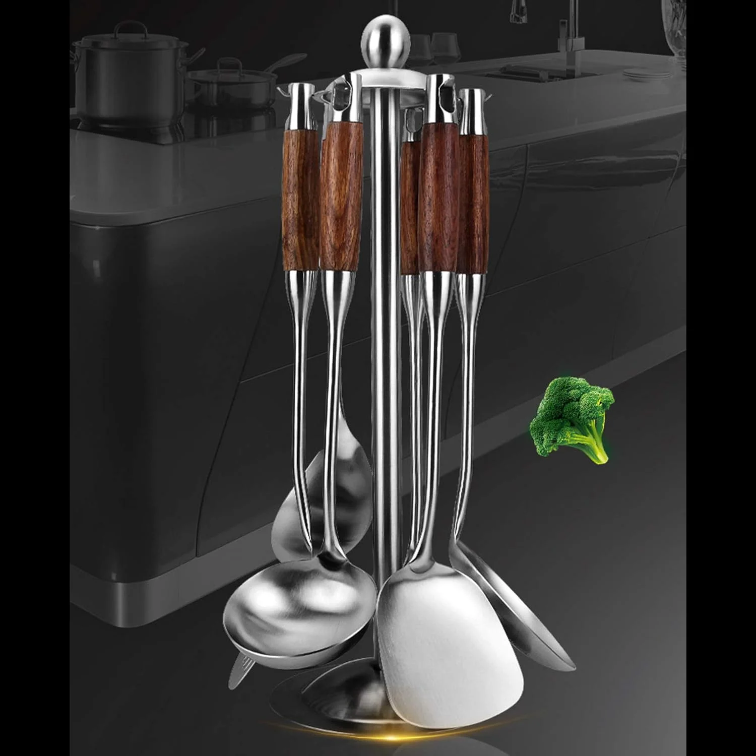 Cooking Utensils Set,7pcs 304 Stainless Steel Kitchen Utensils Set with Holder,Heat Resistant Wooden Handle Kitchen Tools