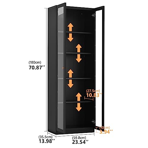 Metal Storage Cabinet with 2 Doors, Glass Curio Cabinet with Adjustable Shelves for Display, Heavy Duty Tall Cabinet Organizer 5 Tier Bookcase for Home Office Craft Storage Black