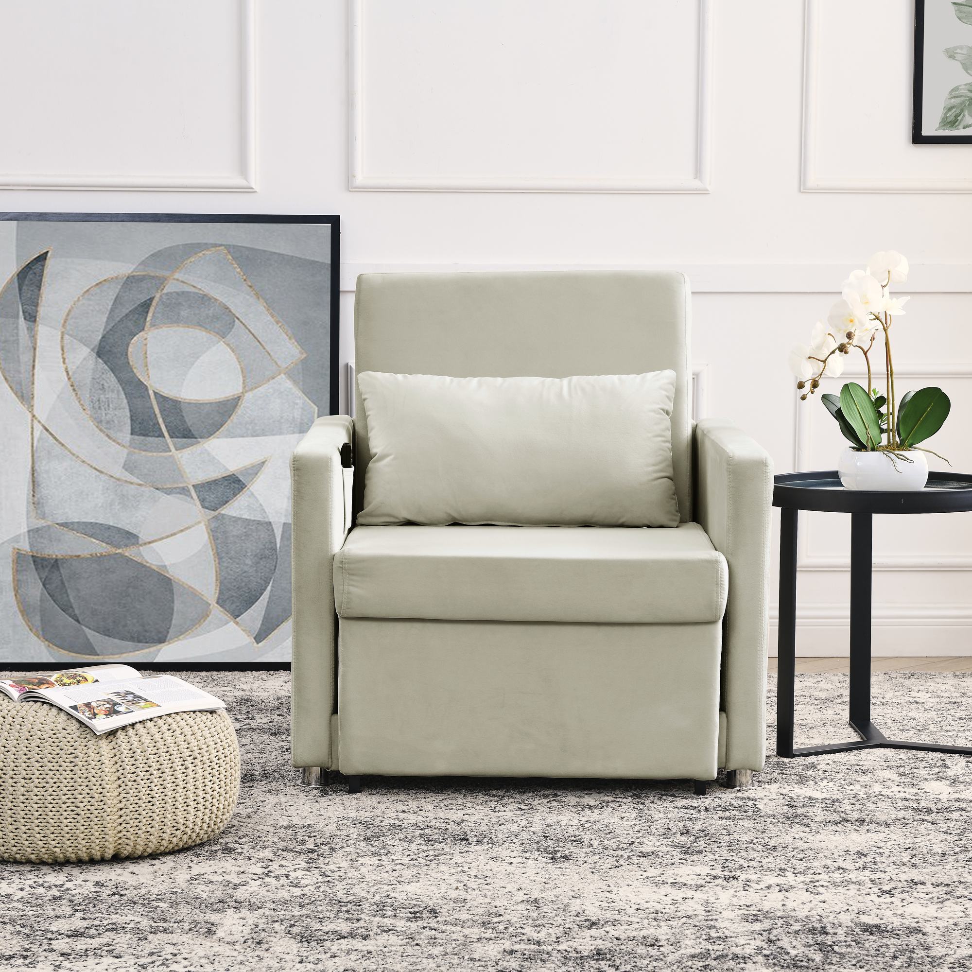 Sofa Bed Chair 2-in-1 Convertible Chair Bed, Lounger Sleeper Chair for Small Space with One Pillow, Beige Velvet