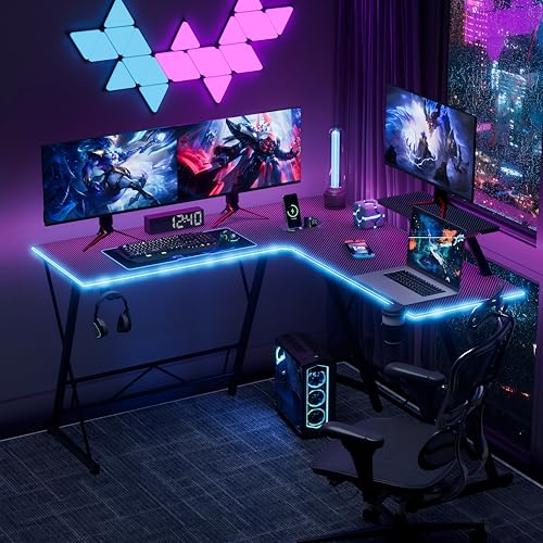 Mr IRONSTONE Gaming Desk with LED Lights, L Shaped Desk Corner with Cup Holder & Headphone Hook, Computer Desk Home Office Desks with Large Monitor Stand, Carbon Fiber Surface, Black 51 Inch