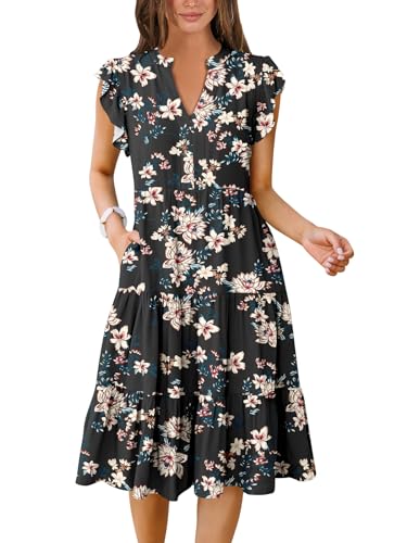 ANRABESS Womens Summer Ruffle Sleeve V Neck Midi Dress 2024 Fashion Casual Fit Flowy Tiered Boho Beach Vacation Sundress