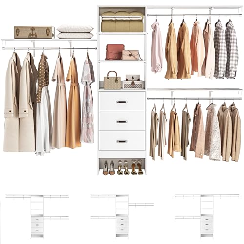 Armocity 120 Inches Closet System, 10FT Walk In Closet Organizer with 3 Shelving Towers, Heavy Duty Clothes Rack with 3 Drawers, Built-In Garment Rack, 120