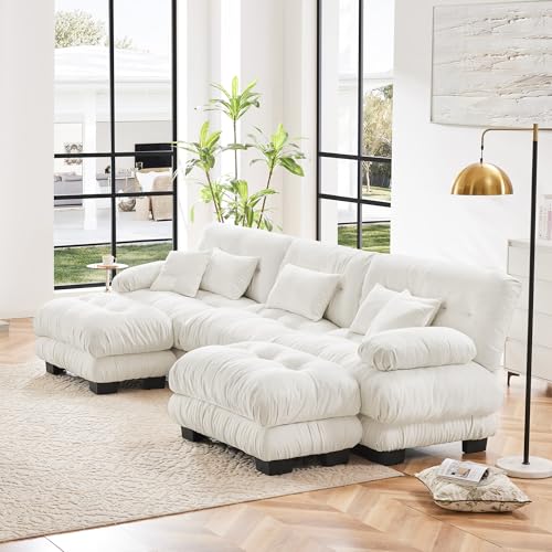Modern Modular Sectional Sofa Couch with 2 Ottomans, Luxury Oversized U Shaped Cloud Couch for Living Room, Elegant Chenille Deep Seat Modular Sectional Sofa with Convertible Footrest, White