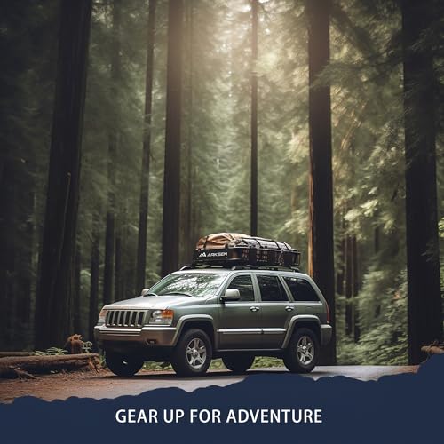 ARKSEN Roof Rack Skinny Cargo Carrier with Basket & Net, Heavy Duty Weather Resistant Top Mount Cargo Rack, Luggage & Camping Gear Storage for Car, Truck or SUV Transport