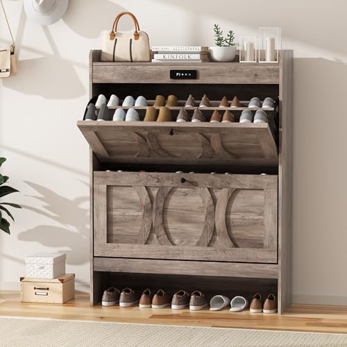 Intelligent 2 Flip Drawers Shoe Storage Cabinet, Rustic White