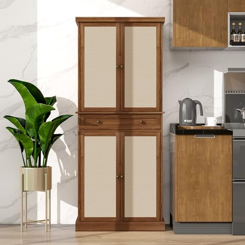 Kitchen Pantry Storage Cabinet, Tall Cabinet with 4 Rattan Doors and 1 Drawers, Freestanding Cupboard with Adjustable Shelves, Utility Pantry for Kitchen, Dining Room (Walnut)