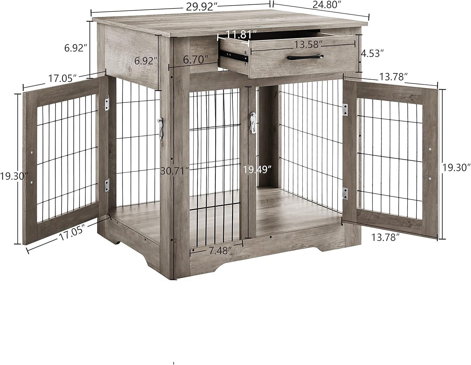 Furniture Style Dog Crate End Table with Drawer, Pet Kennels with Double Doors, Dog House Indoor Use, Dog Kennel for Small, End Table, 29.9'' W x 24.8'' D x 30.71'' H,Gray