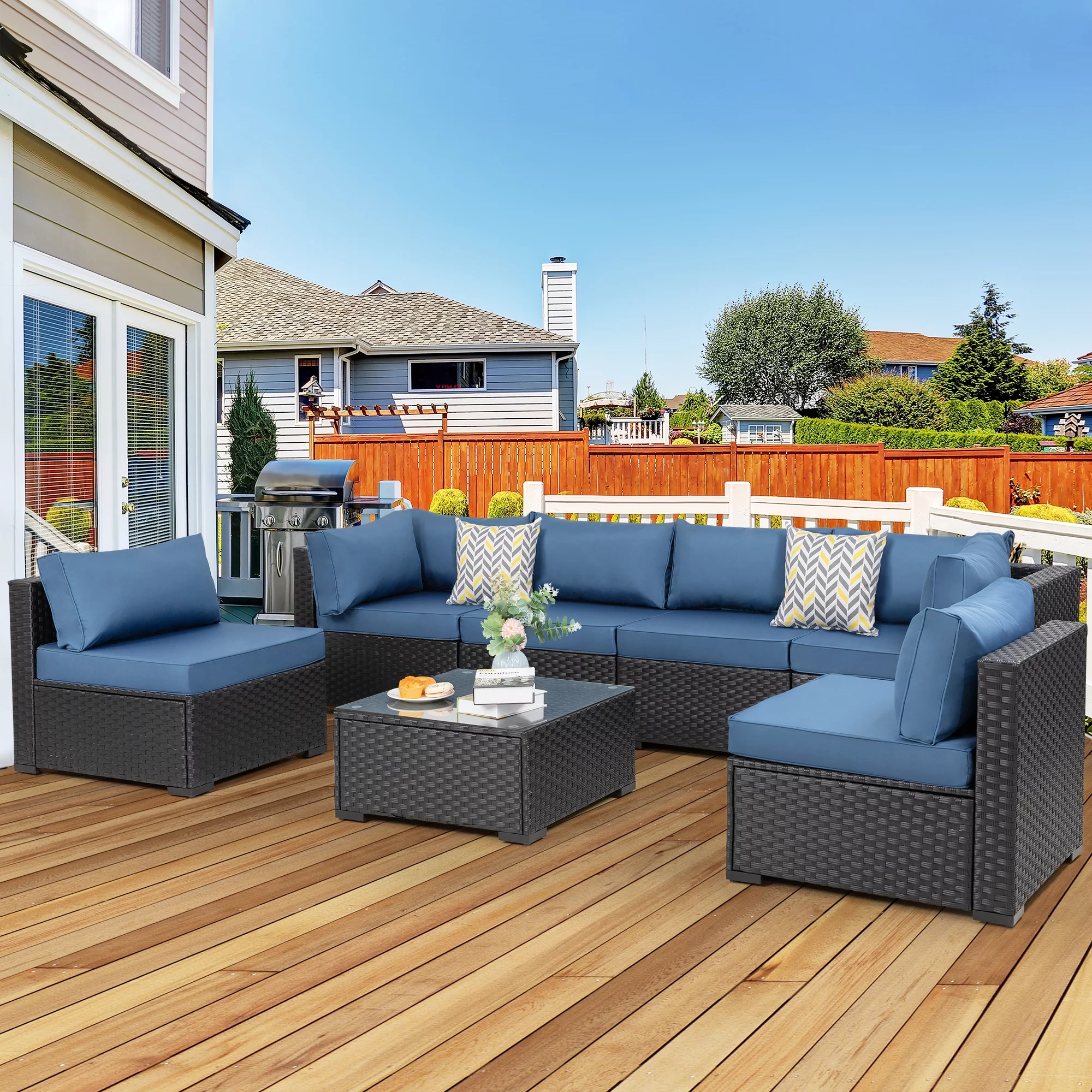 Walsunny 7 Pieces Patio Outdoor Furniture Sets,All-Weather Rattan Sectional Sofa with Tea Table&Washable Couch Cushions Aegean Blue