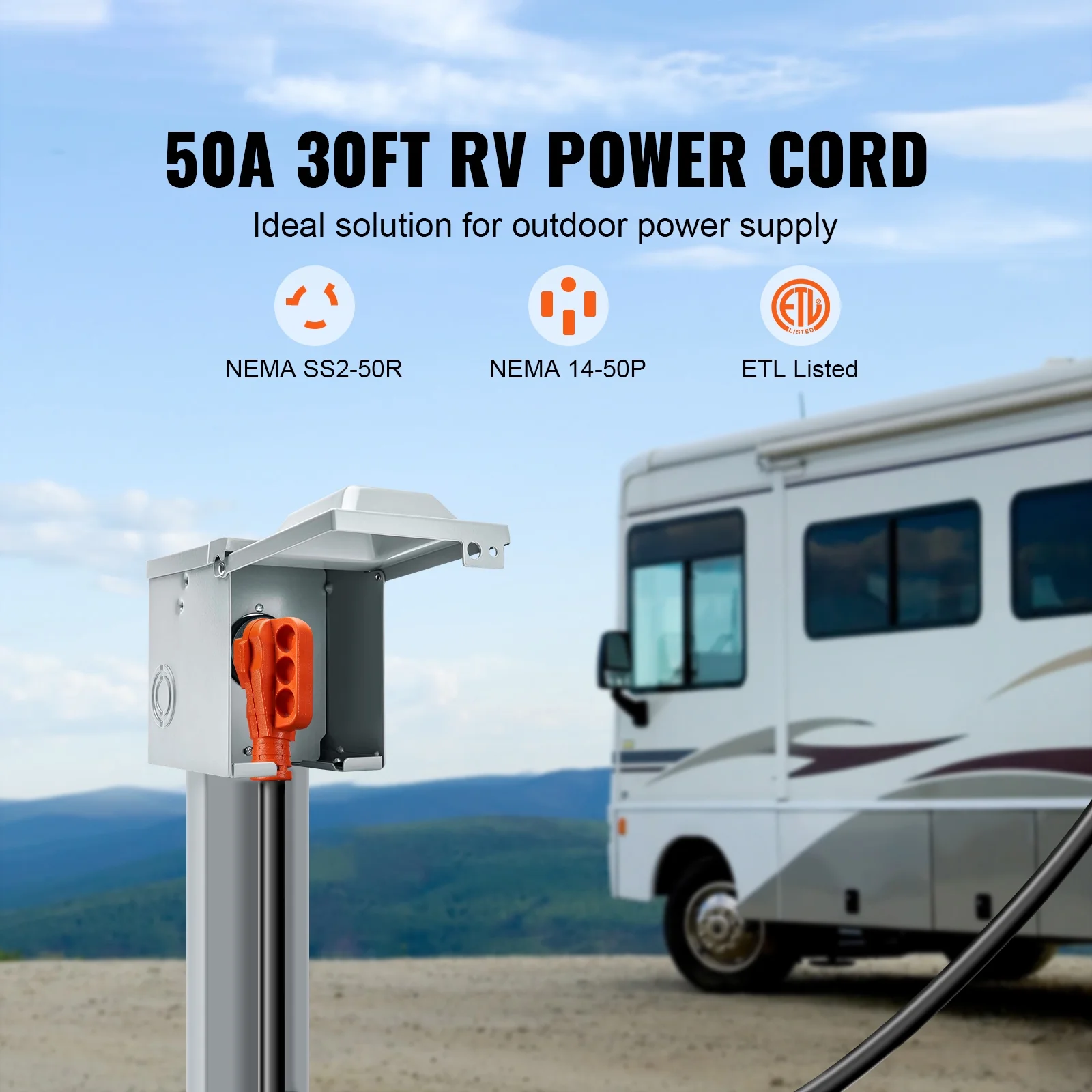 VEVOR 30 Feet RV Power Cord, 50 Amp, Heavy Duty STW 6/3 + 8/1 Generator Cord, NEMA 14-50P Male NEMA SS2-50R Female Plug, with LED Indicator Handle 15A Adapter, for RVs, ETL Listed