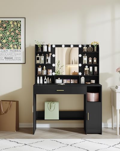 Vanity Desk with Mirror and 10 LED Lights, 3 Levels of Adjustable Brightness, Dresser Table with Hidden and Open Shelves, Makeup Vanity with Oversized Drawers and Cabinets (Black)