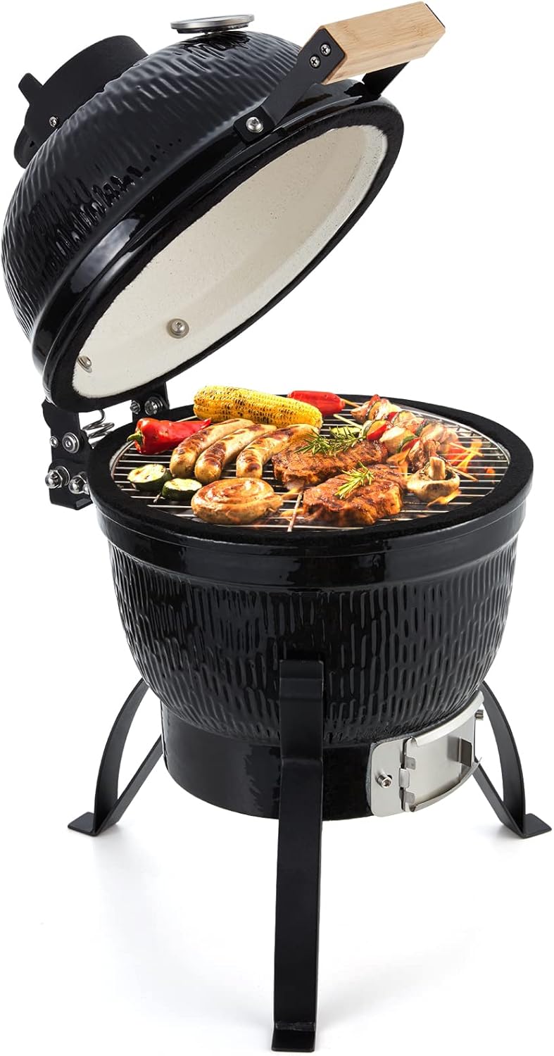 AVAWING 13 Inch Kamado Charcoal Grills, Ceramic BBQ Grills with Portable Bamboo Handle for Variations on Outdoor Cooking for Patio Backyard Camping, Black