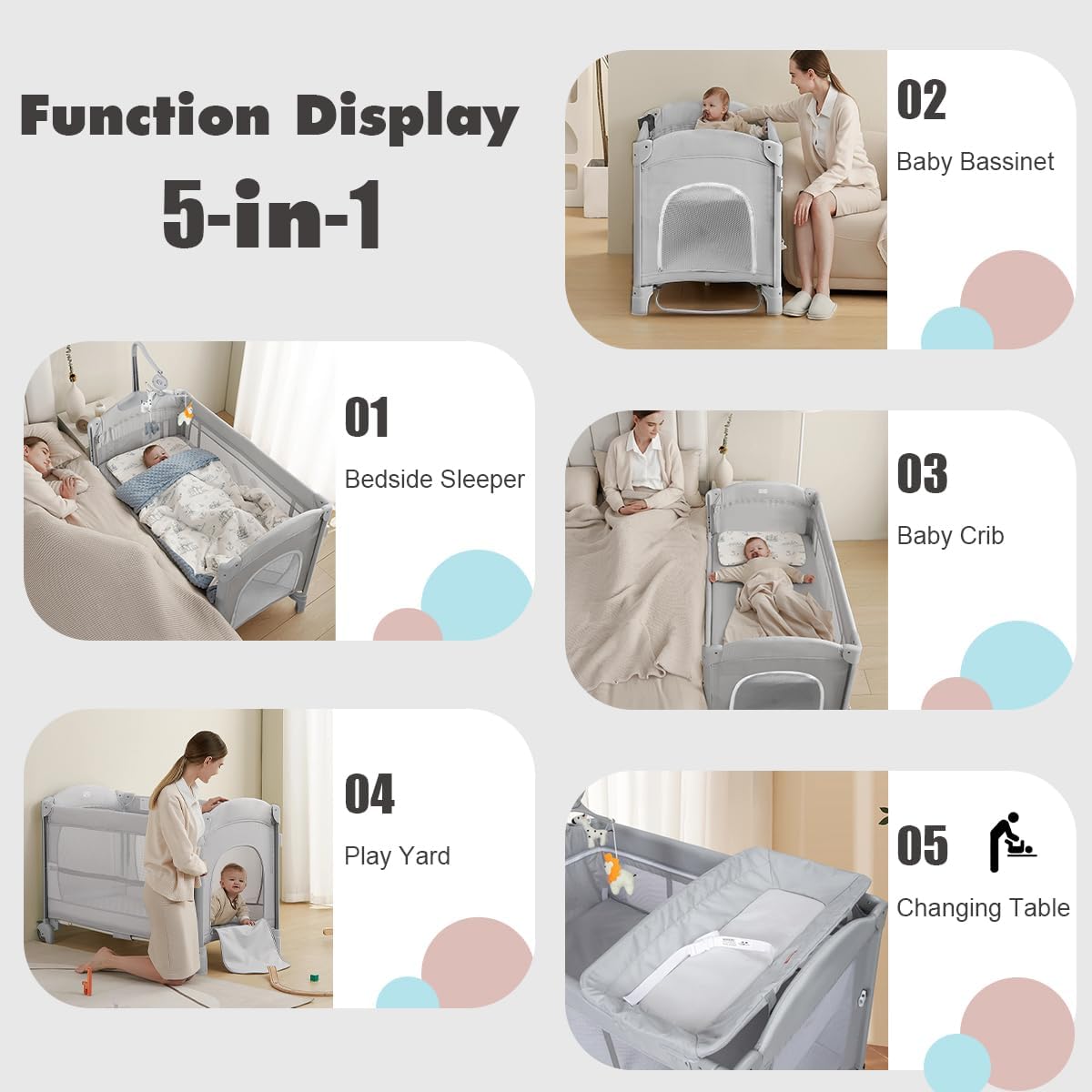5-in-1 Playpen Portable Crib for Baby,Multifunction Bedside Crib from Newborn to Toddlers,U-Shaped Diaper Changer,Carry Bag,Music Mobile Baby Bassinet