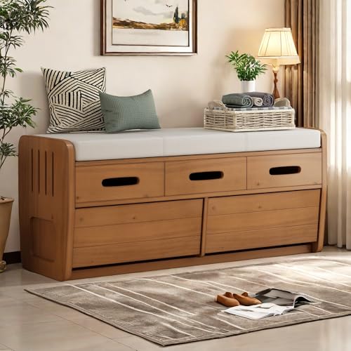 Rustic Storage Bench with 2 Drawers and Hidden Storage Space, Wooden Shoe Bench with Cushion and Striped Door Design for Living Room, Entryway, Hallway (White)