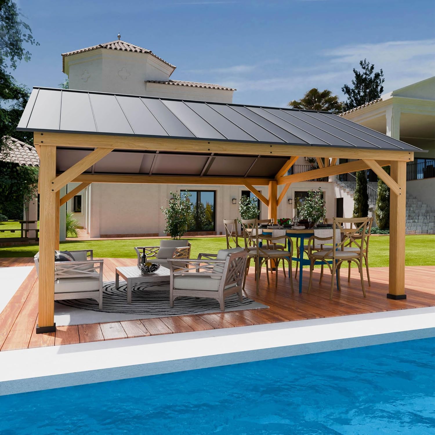 13' x 15' Wood Gazebo, Hardtop Cedar Gazebo with Galvanized Steel Roof, Permanent Outdoor Pavilion for Garden, Patio, Deck, Backyard, Lawn.