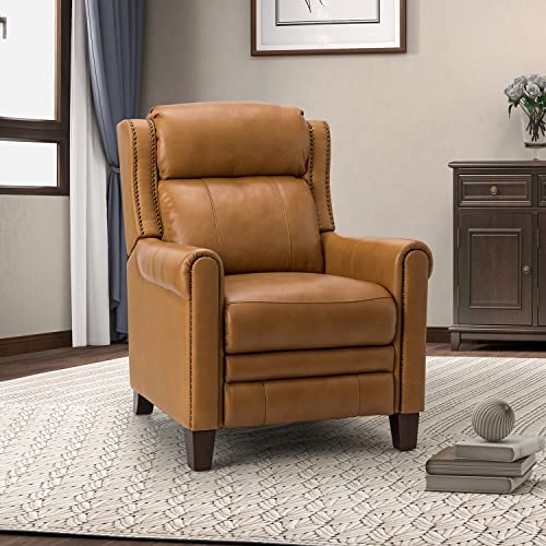 HULALA HOME Genuine Leather Recliner with Nailhead Trim, Manual Push Back Reclining Chair with Adjustable Backrest & Footrest, Headrest & Lumbar Support, for Living Room Bedroom, Black
