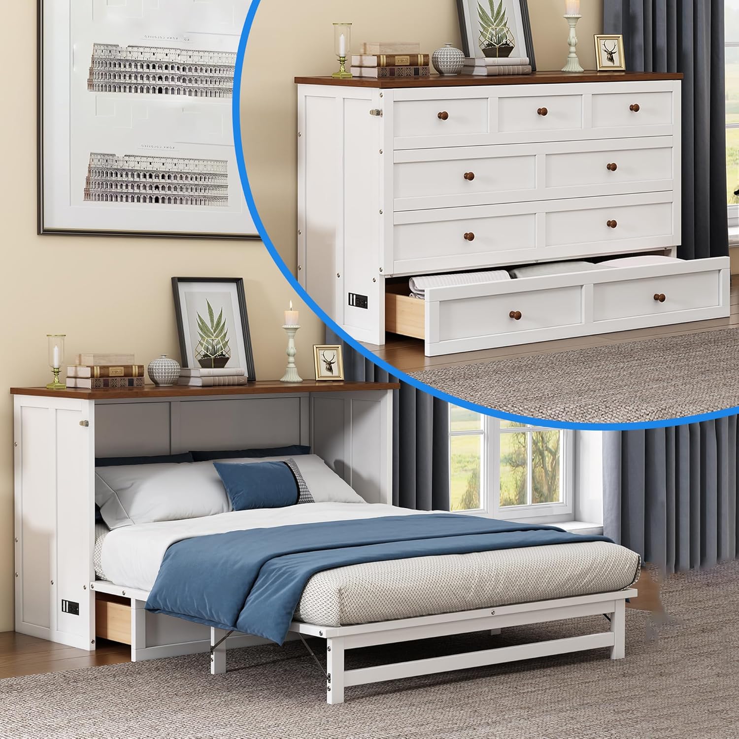 Queen Murphy Bed Queen Murphy Cabinet Bed with Storage Drawers, Murphy Bed with Charging Station, Wood Murphy Bed Cabinet Bed,Murphy Bed Chest Murphy Bed Frame Wall Bed for Guest Bedroom, White+Walnut