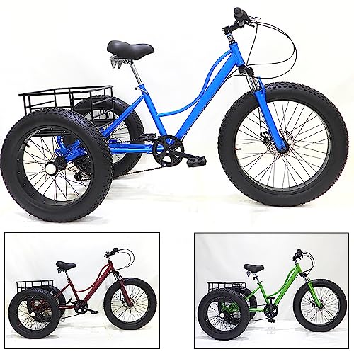 24 inch Adult Tricycle,7 Speed Cruiser Trike, All Terrain Fat Tire 3 Wheel Bikes with Large Basket for Seniors, Women, Men, Adult Trikes for Shopping Picnic Outdoor Sports
