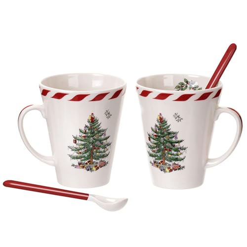 Spode Christmas Tree Peppermint 14oz Mug & Spoon Set (4-Piece) - Festive Earthenware with Candy Cane Motif, Mug for Hot Chocolate, Coffee, Holiday Mornings - Christmas Drinkware