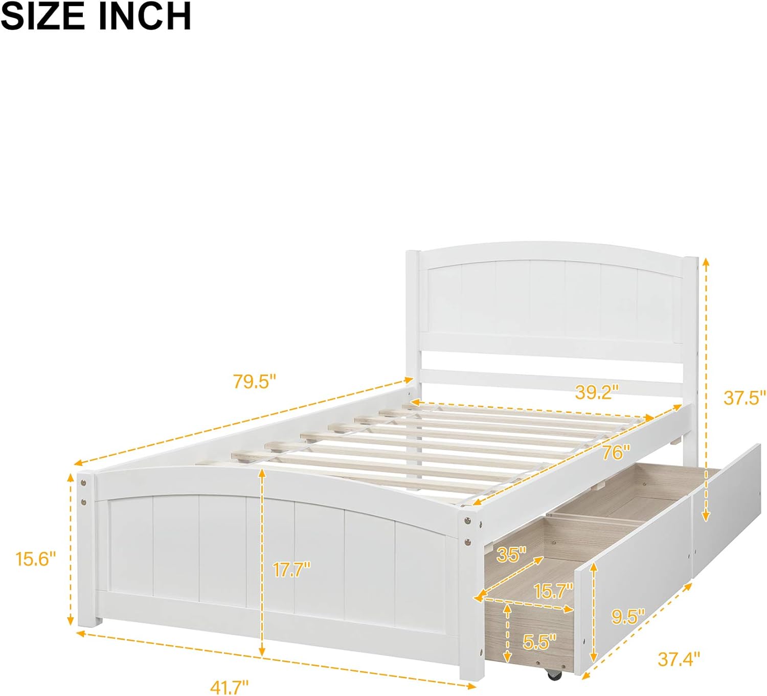 Harper & Bright Designs Twin Platform Bed with Storage Drawers, Solid Wooden Twin Size Bed Frame with Headboard for Kids, Teen, Adults, No Box Spring Needed (Twin, White)