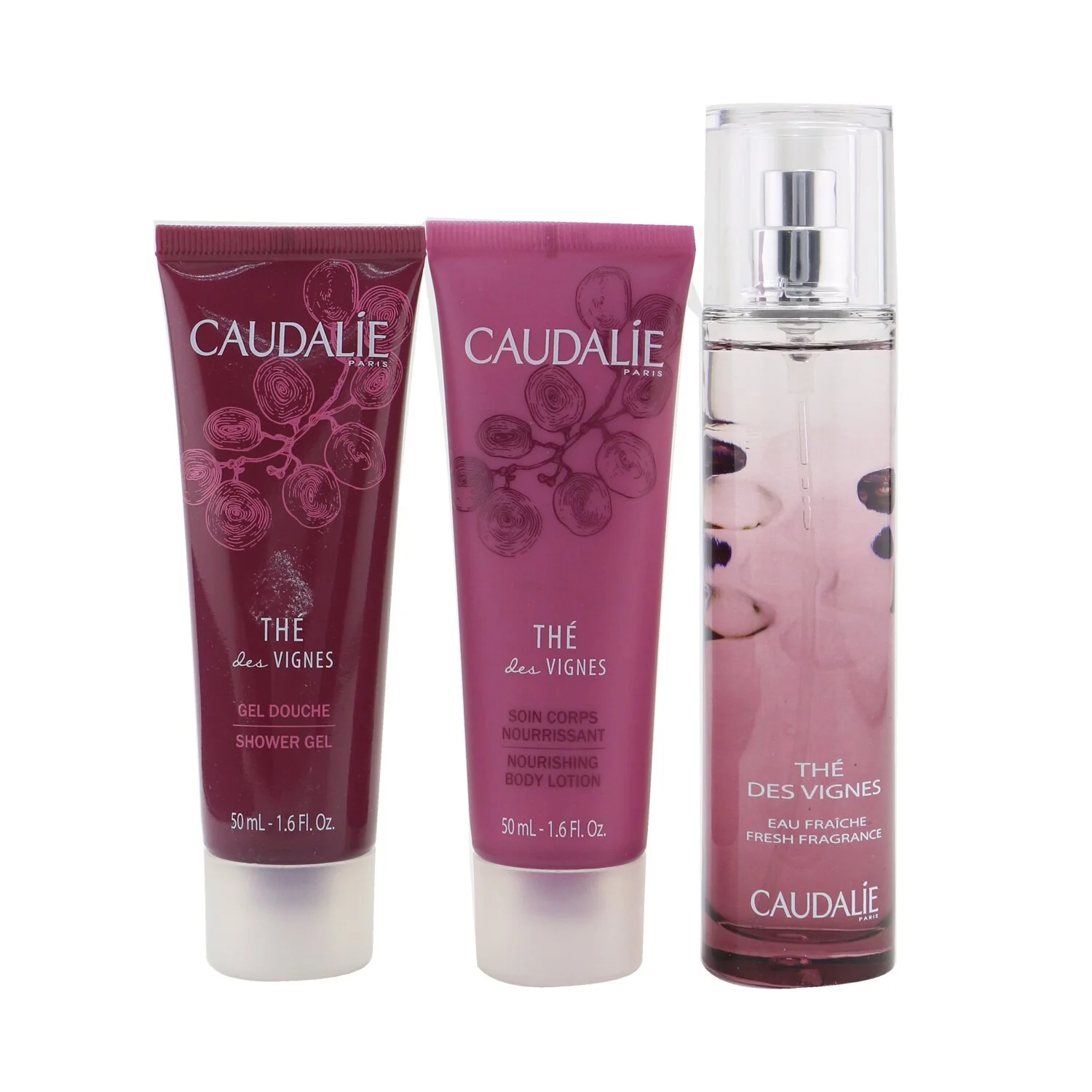 Caudalie The Des Vignes Christmas Coffret: Fresh Fragrance Spray 50ml + Shower Gel 50ml + Body Lotion 50ml (Purple Line) 3pcs