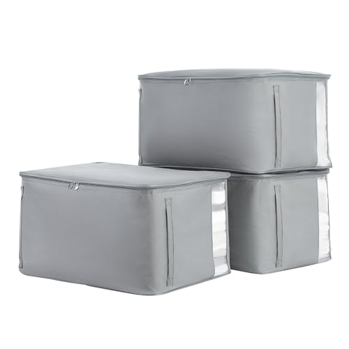 Comforter Storage Bags, Durable Oxford Fabric Clothes Organizer for Closet, Washable Collapsible Large Storage Containers for Clothing Blanket Linen Bedding, 3 Pack (Grey, 18 gallon x 3)