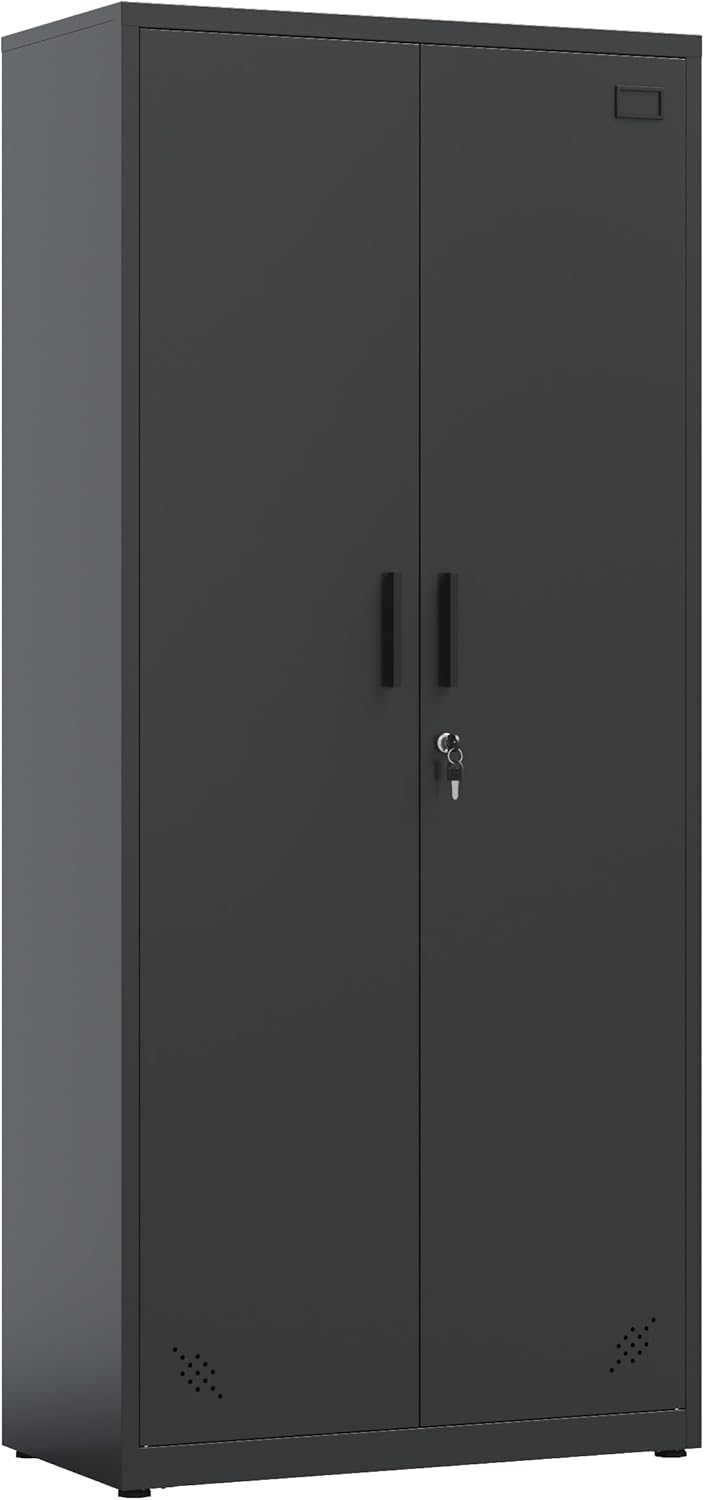 Metal Garage Storage Cabinet, Tall Locking Steel Storage Cabinet with 2 Doors and 4 Adjustable Shelves,Lockable Storage Cabinet for Home, Office, Warehouse（Black）