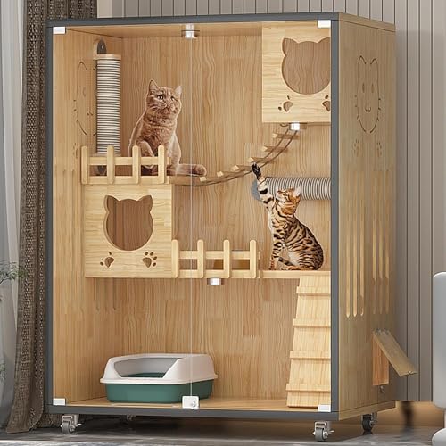 HUATOL Wooden Large Indoor Cat Enclosure, Indoor/Outdoor Cat Cage Large Space with Wheels, Multi-Feature Enclosed Cat Condo for Indoor Cats Ventilation Glass Doors, 50