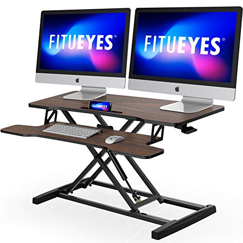 FITUEYES Height Adjustable Standing Desk 36” Wide Sit to Stand Converter Stand Up Desk Tabletop Workstation for Dual Monitor Riser FSD309101WB