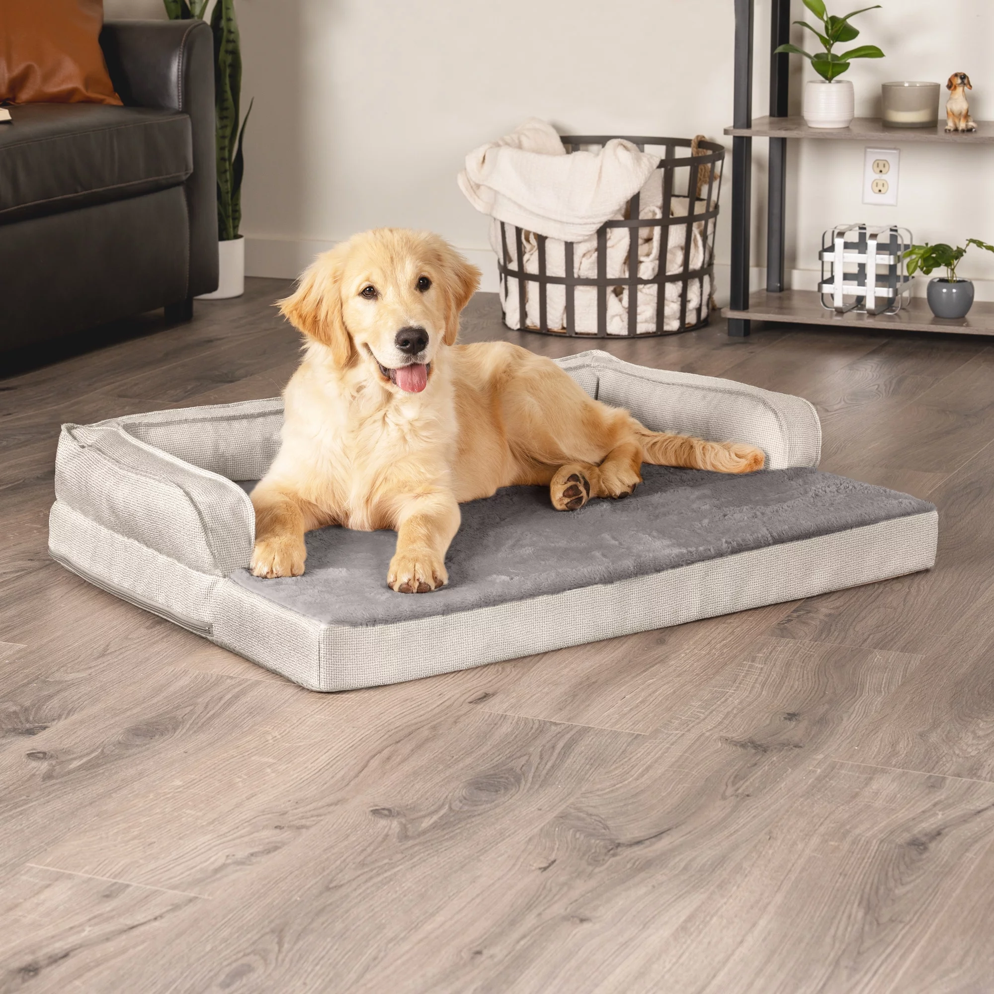 FurHaven Pet Products Large Plush & Decorator Check Orthopedic Comfy Couch Dog Bed, Gray