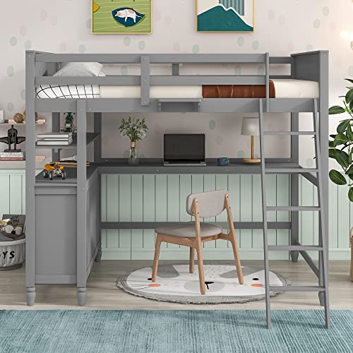 Gray Twin Loft Bed with Storage Cabinet and Desk, Wooden Loft Beds Frame with Bookcase and Shelves, Modern Twin size Loft Bunk Bed for Kids Teens Adults Boys & Girls (Twin, Gray)