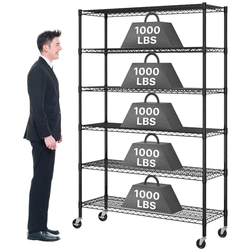 Dkeli Metal Shelves Garage Shelving Wire Shelving Unit with Wheels, 6000lbs Weight Capacity Heavy Duty NSF Height Adjustable Storage Shelves 6 Tier Steel Commercial Grade Wire Rack, Black