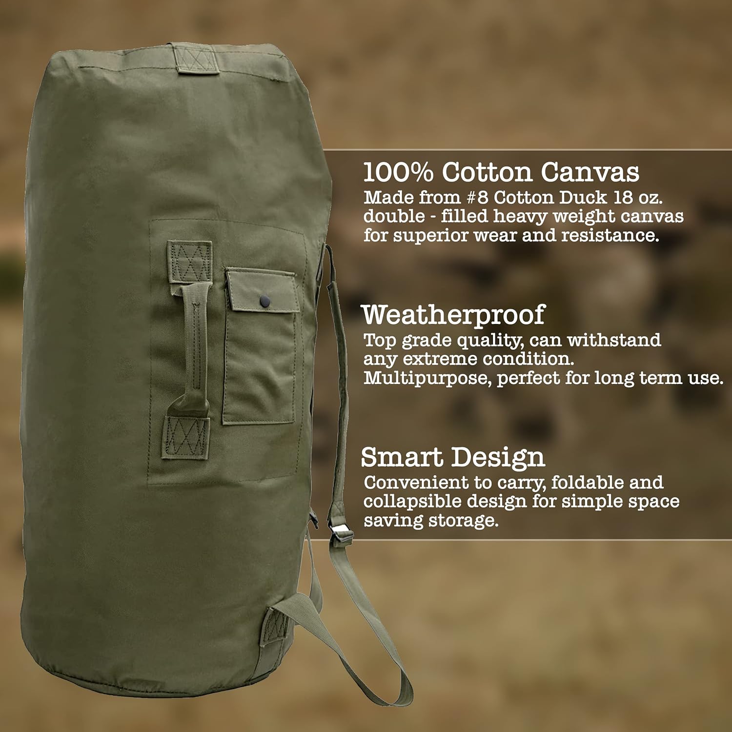 BaHoki Essentials Canvas Duffel Bag - Heavy Duty Top Load Duffel Sea Bag - Military Green Cargo Travel Bags