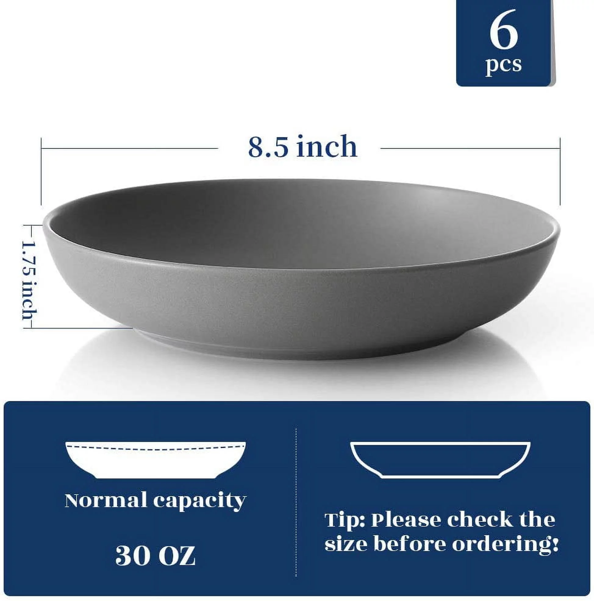 Y YHY Pasta Bowls Set of 6, Salad Serving Bowls Large, Ceramic Soup Bowls 30 Ounces, Grey Matte