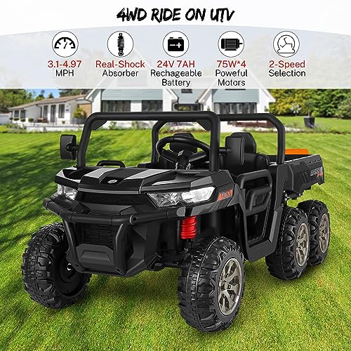 Hikole Two Seater Ride on Cars for Kids, 6x6 24V Kids UTV with Dump Bed&Shovel, 6 EVA Tires, Spring Suspension, LED Light, Music, Bluetooth, USB, Side by Side Electric Dump Truck for Boys 3-8, Blue